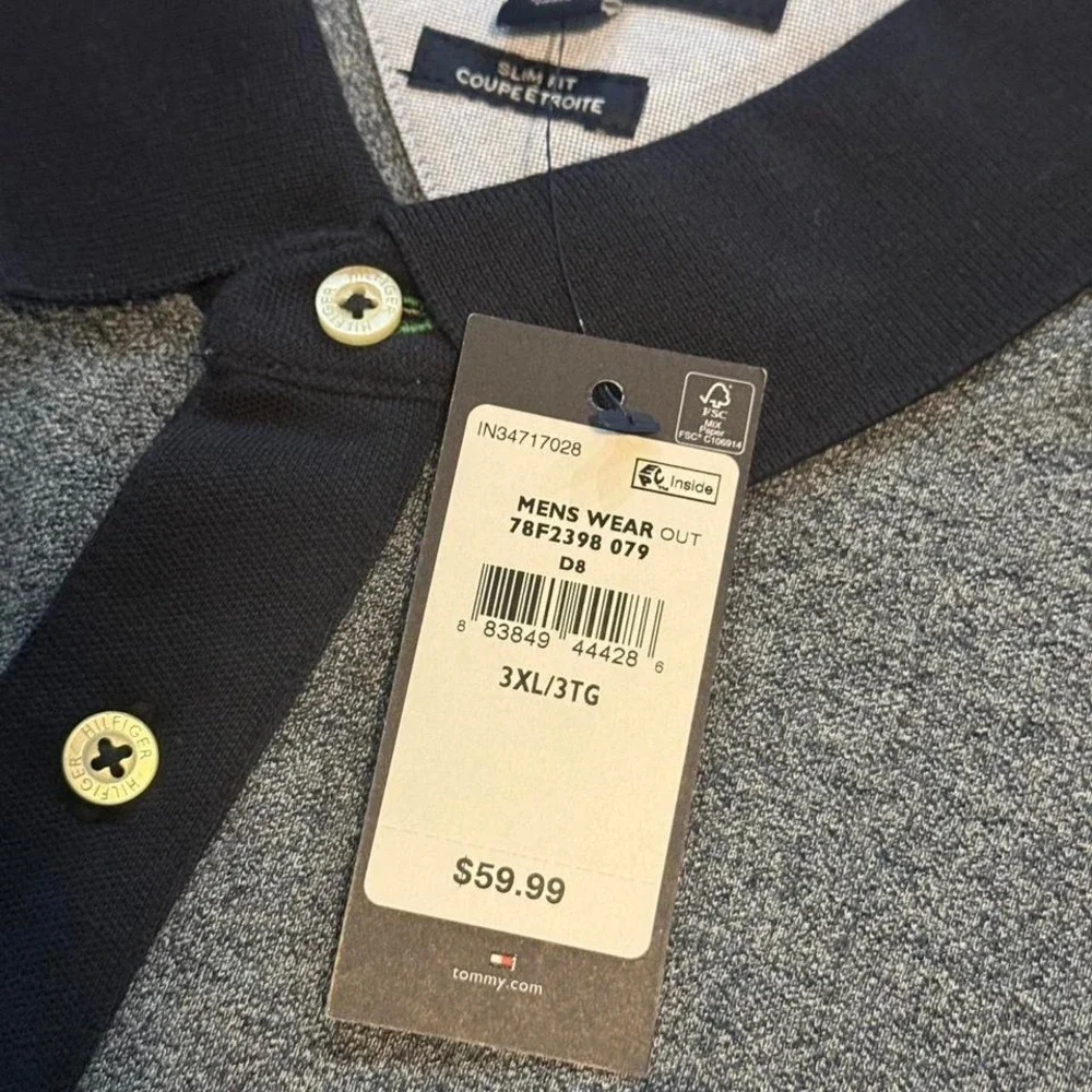 Tommy Hilfiger NWT Men's 3XL Slim Fit Crest Polo Heather Gray Navy Contrast New - Picture 5 of 7